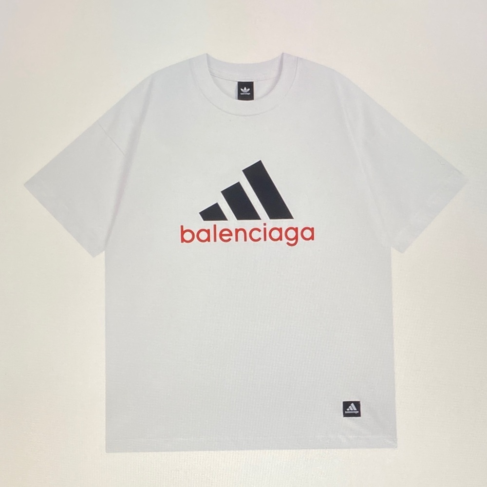 Balenciaga White Short-Sleeve Tee with Black Logo and Red Script